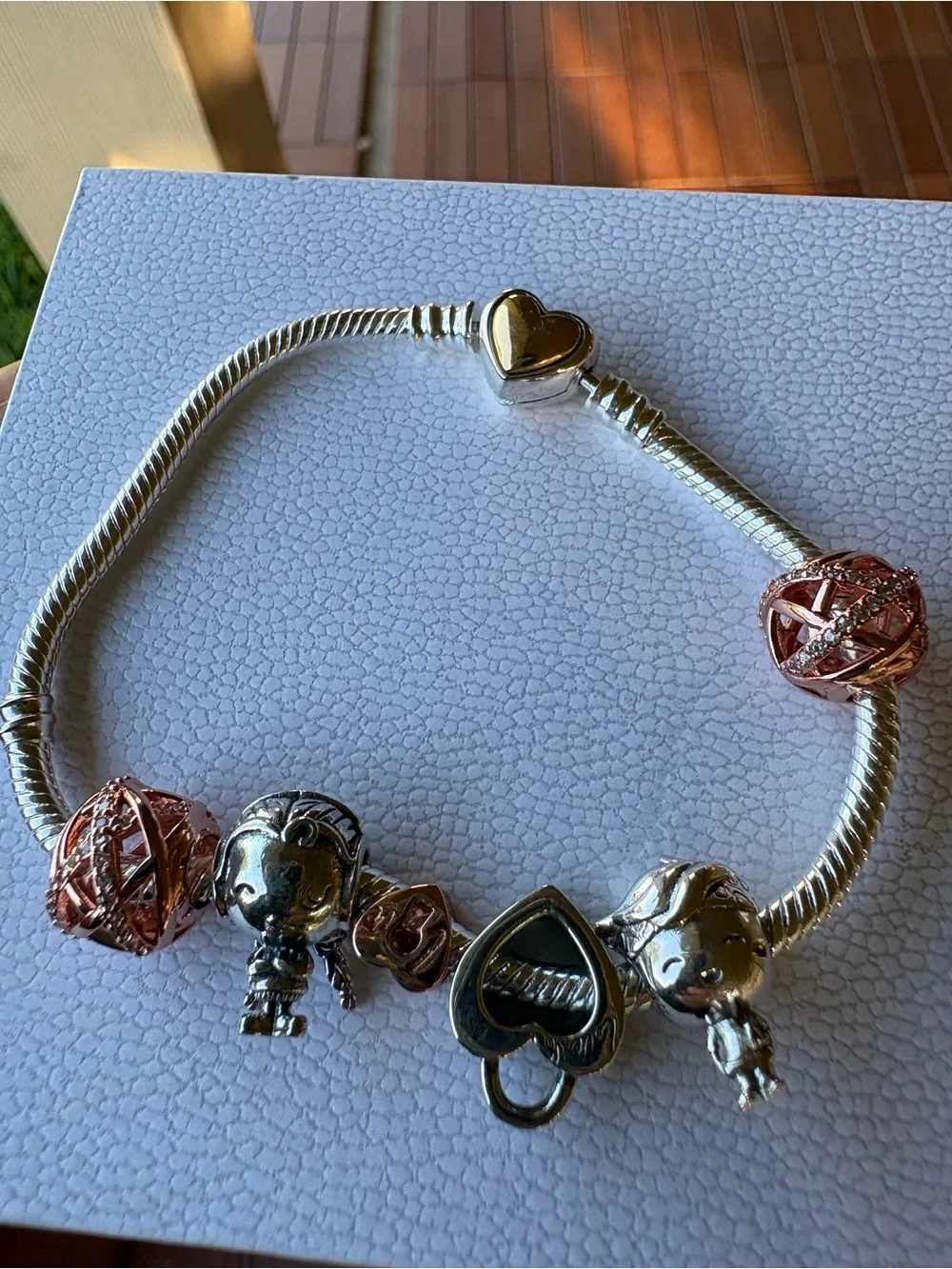 Pandora Two-Tone Heart & Rose Charm Bracelet in Pink and Silver - Picture 5 of 9